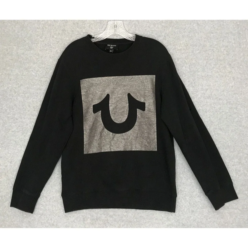 True Religion Sweatshirt Mens Small Black Pullover Long Sleeve Reflective Logo
